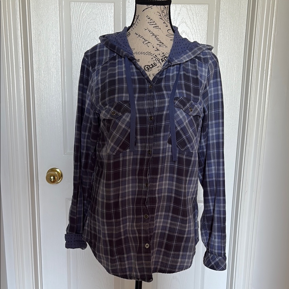 Columbia Blue Plaid Hoodie Lined Shirt